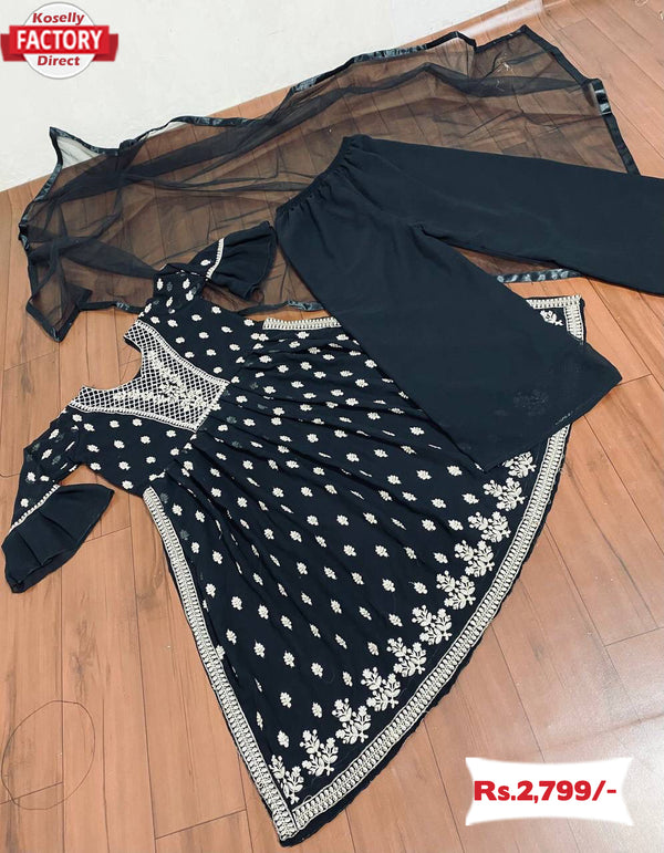 Black Designer Kurtha Palazzo Dupatta Set
