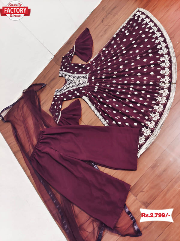 Maroon Designer Kurtha Palazzo Dupatta Set