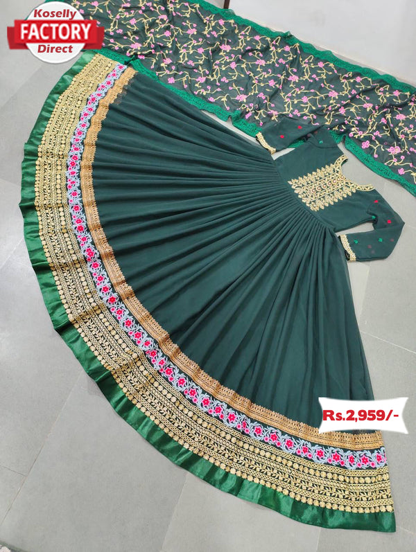Dark Green Embroidered Gown with Dupatta