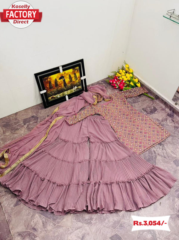 Pastel Pink Designer Kurtha Palazzo Dupatta Set