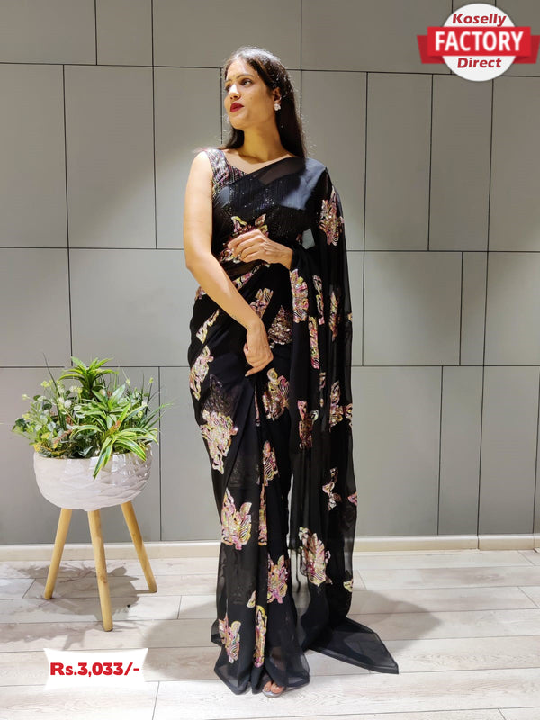 Black Designer Sequins Partywear Saree