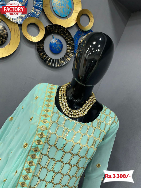Sea Foam Designer Kurtha Sharara Dupatta Set