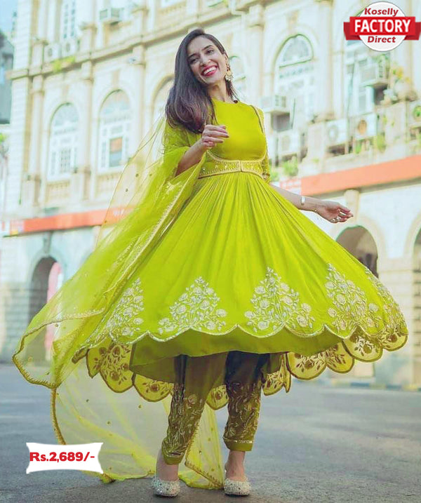 Neon Green Embroidered Gown with Pant and Dupatta