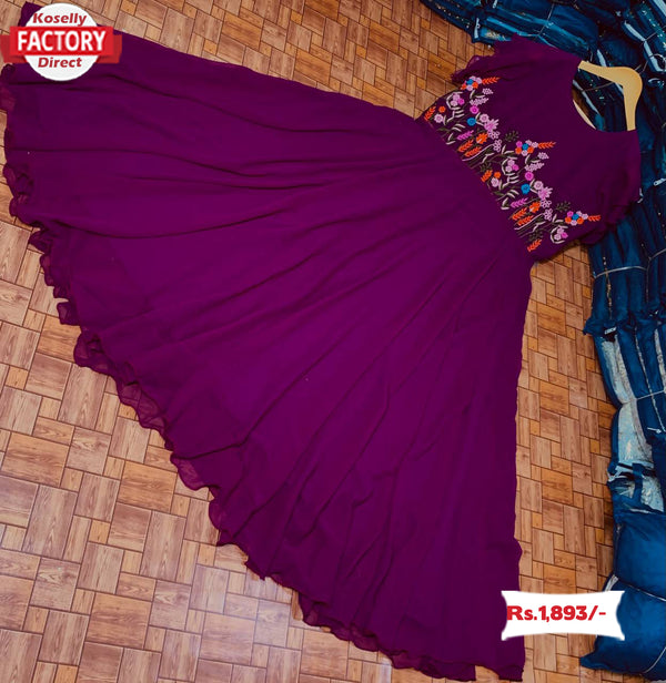 Wine Embroidered Partywear Gown