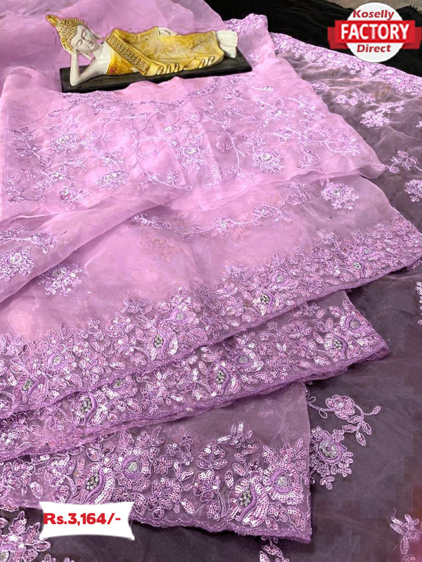 Pink Organza Designer Embroidered Partywear Saree