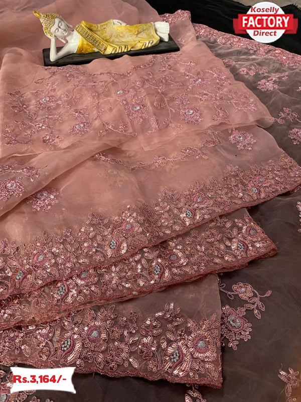 Peach Organza Designer Embroidered Partywear Saree