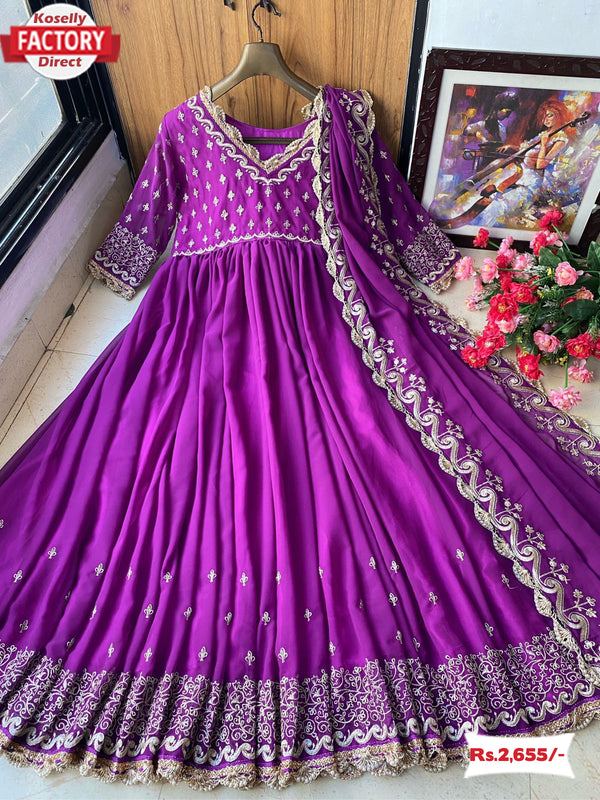 Wine Partywear Gown With Dupatta