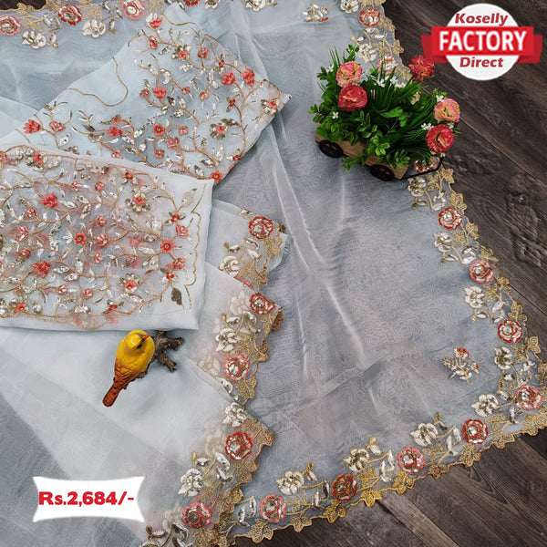 Light Blue Organza Designer Partywear Saree