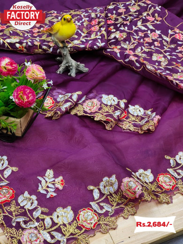 Wine Organza Designer Partywear Saree