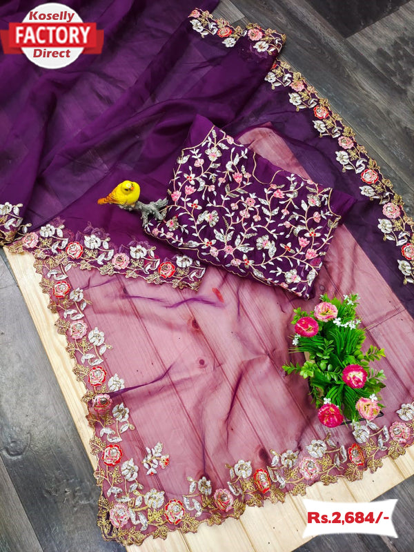 Wine Organza Designer Partywear Saree