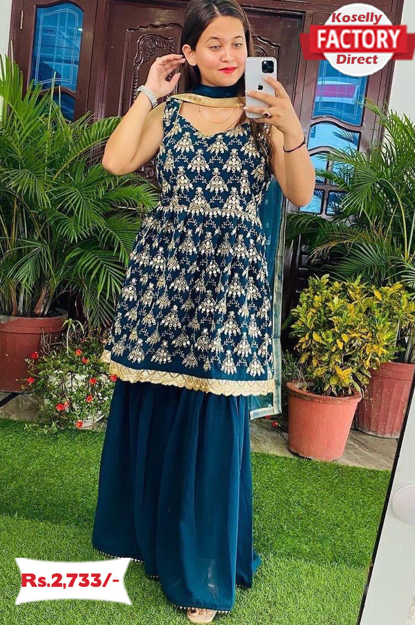 Teal Blue Peplum Kurtha Sharara Set