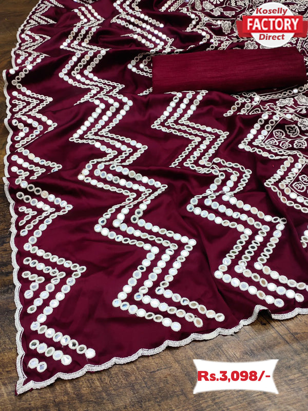 Wine Crepe Silk Satin Embroidered Partywear Saree