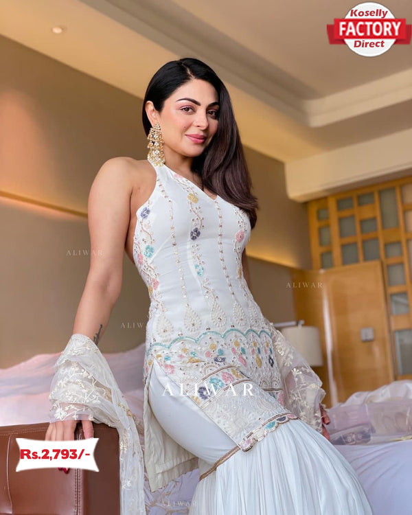 White Designer Kurtha Sharara Dupatta Set