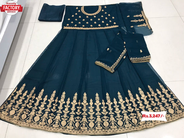 Teal Semi-Stitched Georgette Embroidered Gown with Dupatta