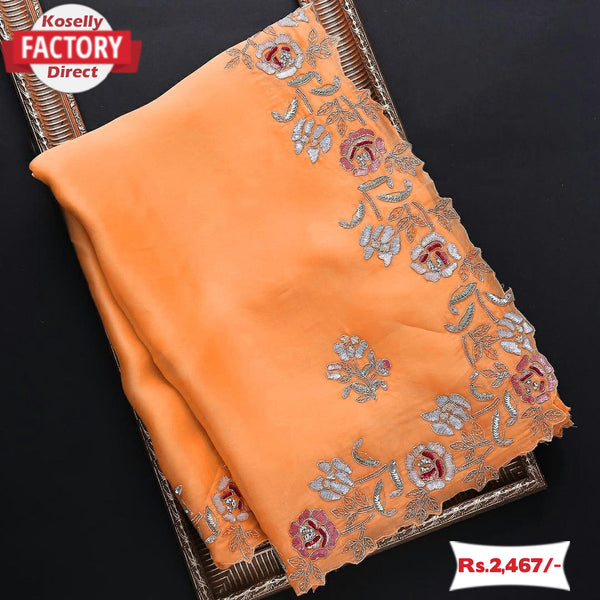 Orange Organza Silk Saree with Multi-embroidery