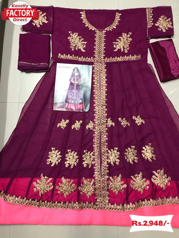 Wine Semi-Stitched Embroidered Gown with Dupatta