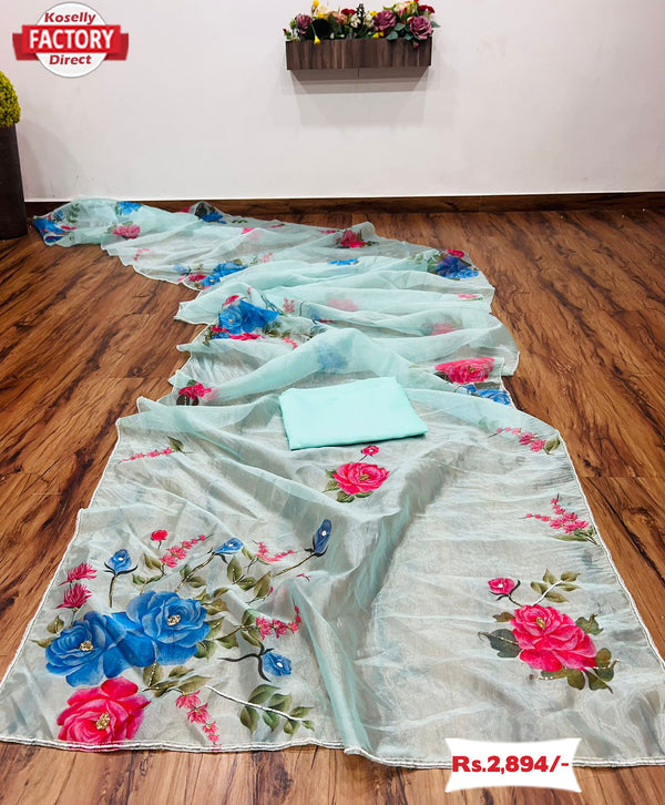 Paled Turquoise Organza Designer Saree