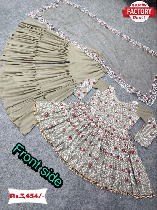 Light Olive Designer Peplum Sharara Dupatta Set