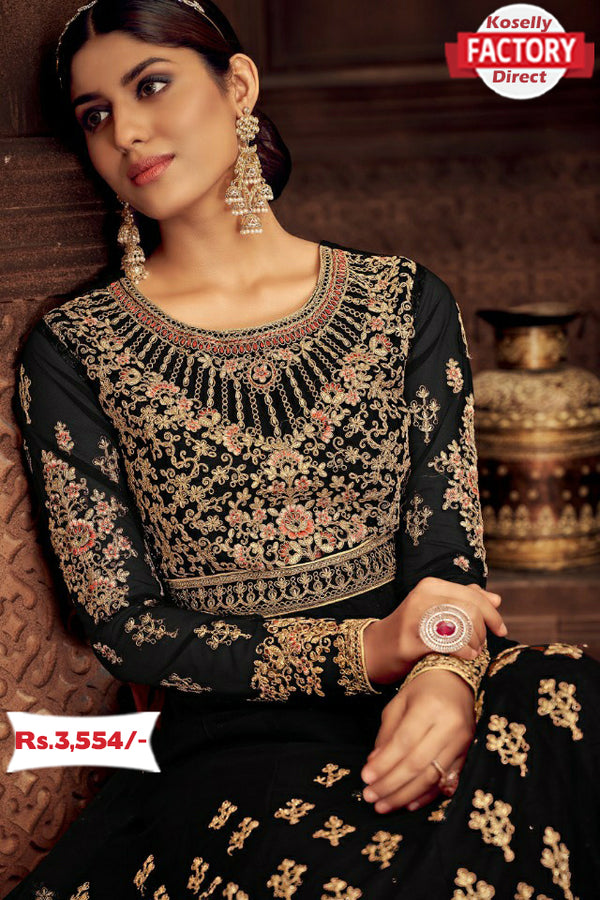Black Semi-stitched Embroidered Gown with Dupatta