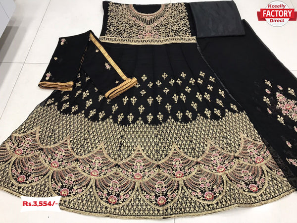 Black Semi-stitched Embroidered Gown with Dupatta