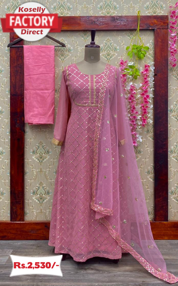 Muted Pink Embroidered Anarkali Gown with Fancy Dupatta