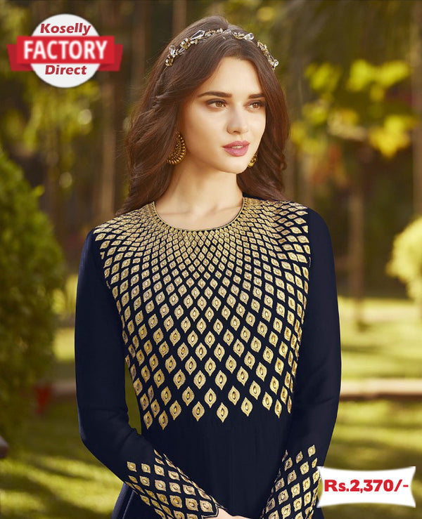 Navy Blue Semi-stitched Georgette Embroidered Gown