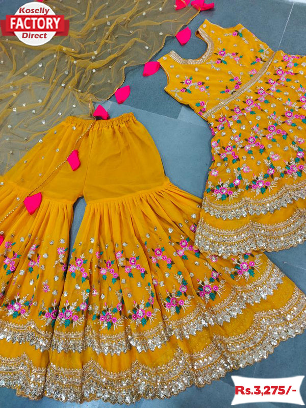 Yellow Embroidered Kurtha Sharara Set
