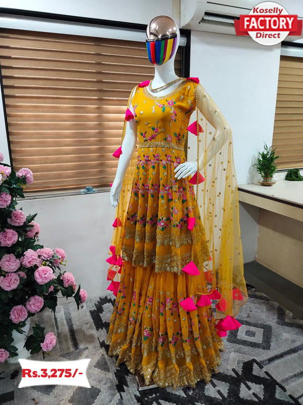 Yellow Embroidered Kurtha Sharara Set
