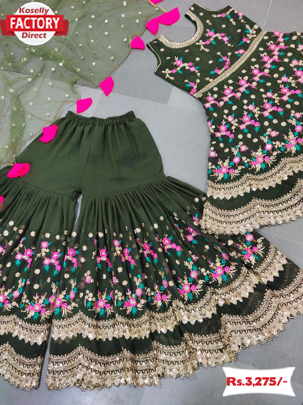 Mehendi Green Embroidered Kurtha Sharara Set