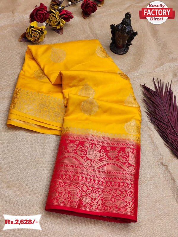 Yellow Pure Dola Silk Banarasi Saree