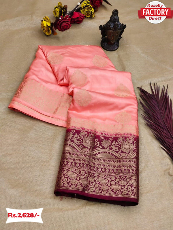 Peach Pure Dola Silk Banarasi Saree