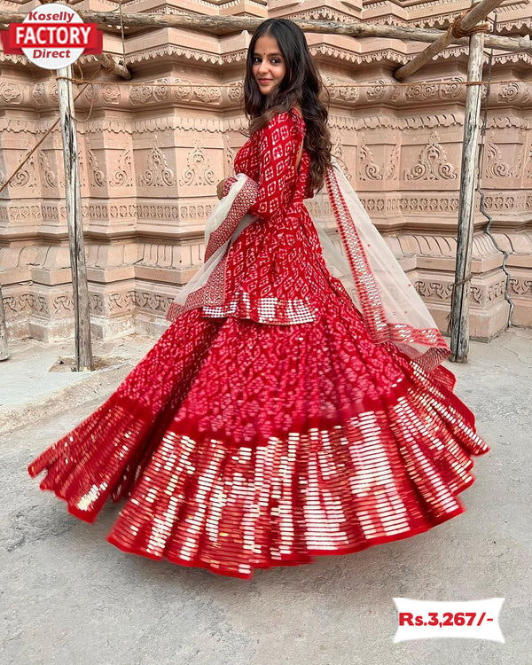 Red Bandhani And Sequins Kurtha Sharara Dress