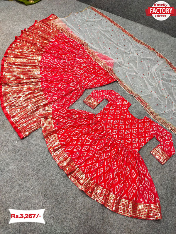 Red Bandhani And Sequins Kurtha Sharara Dress