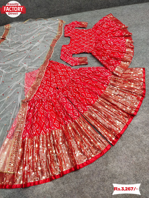 Red Bandhani And Sequins Kurtha Sharara Dress