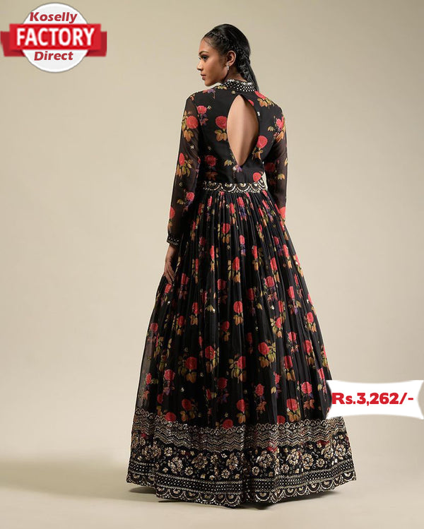 Black Floral Printed Embroidered Gown with Dupatta