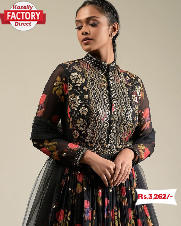 Black Floral Printed Embroidered Gown with Dupatta