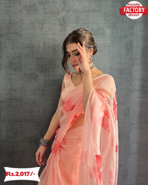 Light Peach Organza Silk Digital Printed Saree