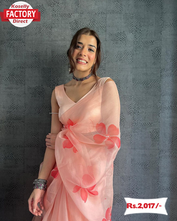 Light Peach Organza Silk Digital Printed Saree
