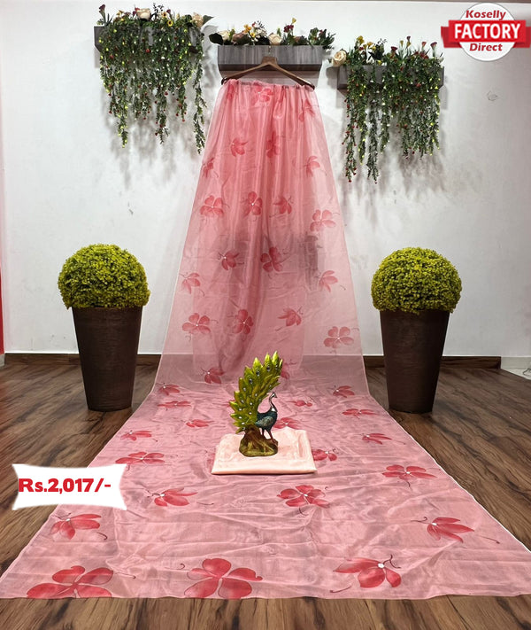 Light Peach Organza Silk Digital Printed Saree