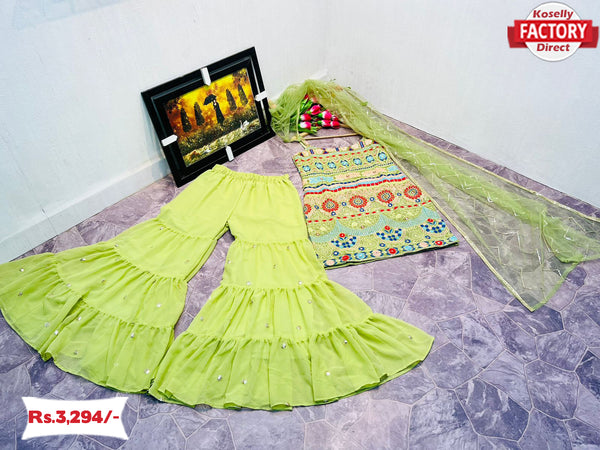 Neon Green Designer Kurtha Sharara Dupatta Set