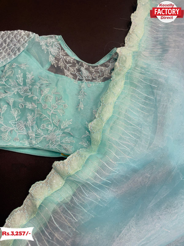 Teal Designer Pure Organza Bollywood Partywear Saree With Readymade Blouse