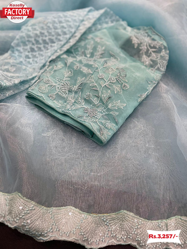 Teal Designer Pure Organza Bollywood Partywear Saree With Readymade Blouse