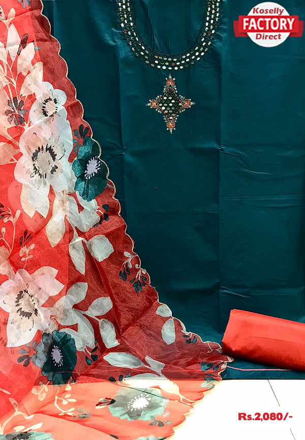 Cotton Kurtha Suruwal Piece With Organza Dupatta