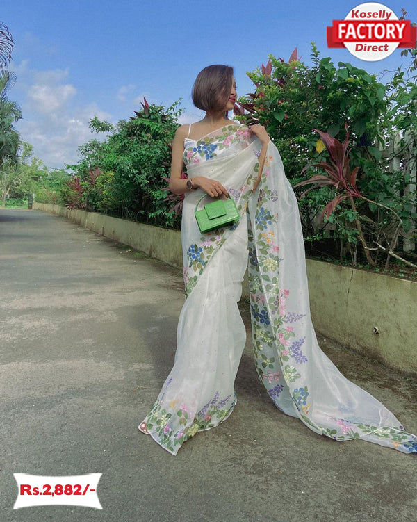 Designer White Handworked Organza Saree
