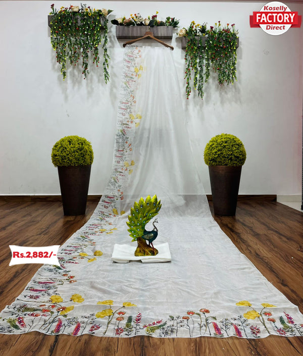 Designer White Handworked Organza Saree