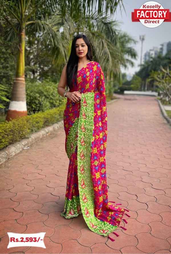 Pure Moss Chiffon Digital Print With Embroidery Saree