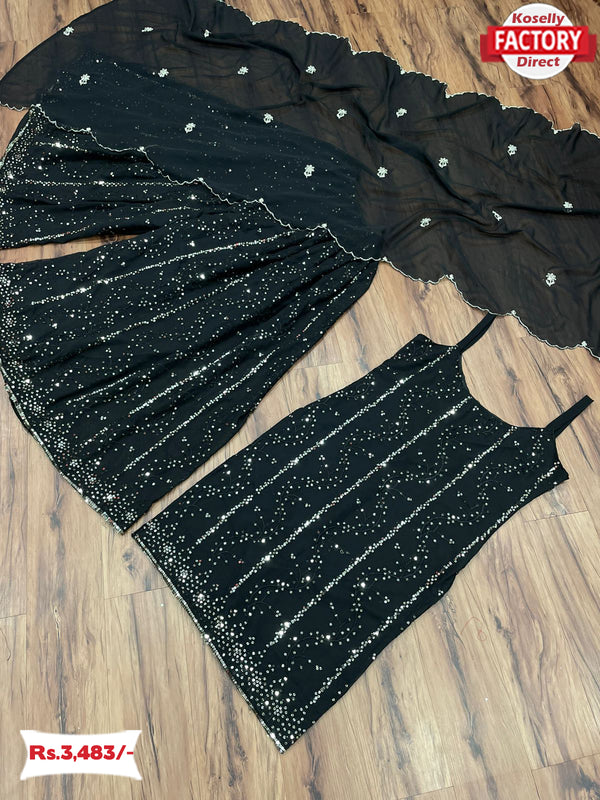 Black Embroidered Kurtha Sharara Dupatta Set