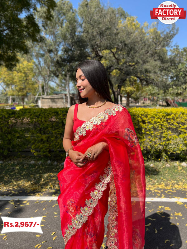 Red Pure Organza Digital Printed Saree With Embroidery