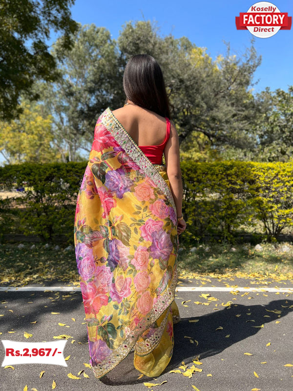 Yellow Pure Organza Digital Printed Saree With Embroidery