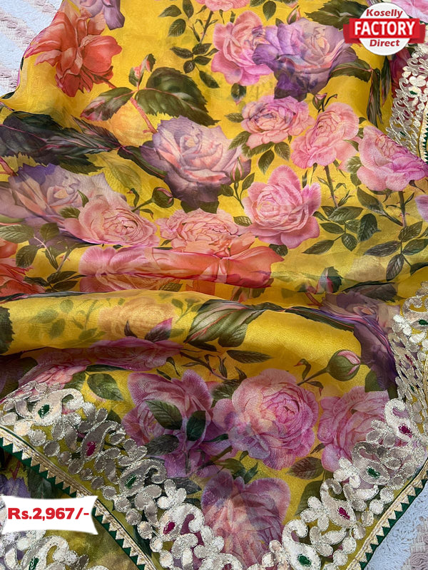 Yellow Pure Organza Digital Printed Saree With Embroidery